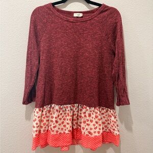 💖 ODDY Raspberry Crewneck Sweater w/ Sheer Heart Ruffle Hem – Size L 💖